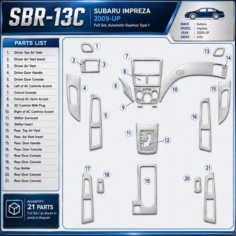 Subaru Impreza 2009-in poi set completo; cambio automatico Type 1 kit rivestimento cruscotto e interni 3D