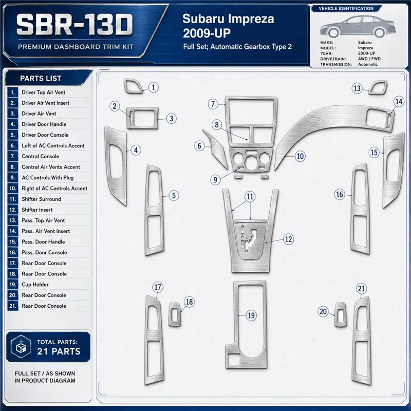 Subaru Impreza 2009-in poi set completo; cambio automatico Type 2 kit rivestimento cruscotto e interni 3D
