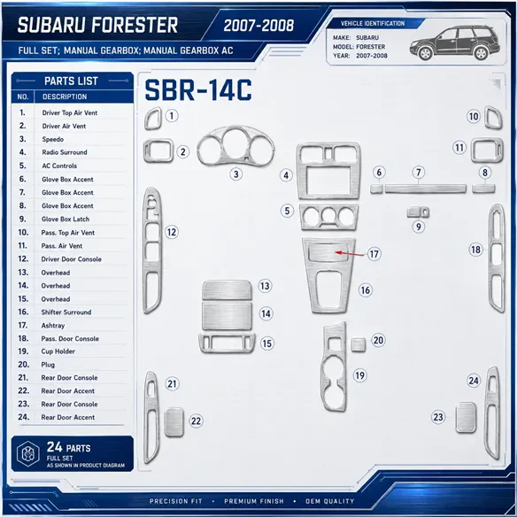 Subaru Forester 2007-2008 set completo; cambio manuale; cambio manuale AC kit rivestimento cruscotto e interni 3D