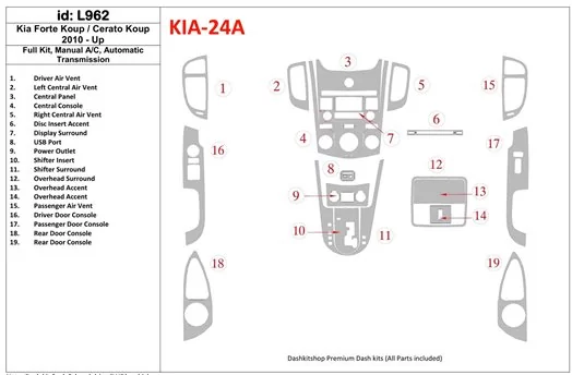 KIA Cerato Koup 2010-UP Full Set, Manual Gearbox AC, Automatic Gear Cruscotto BD Rivestimenti interni