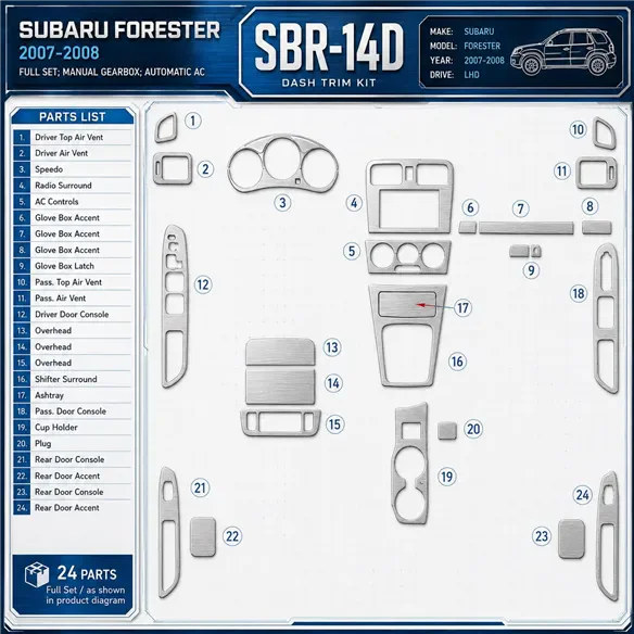 Subaru Forester 2007-2008 set completo; cambio manuale; Automatic AC kit rivestimento cruscotto e interni 3D