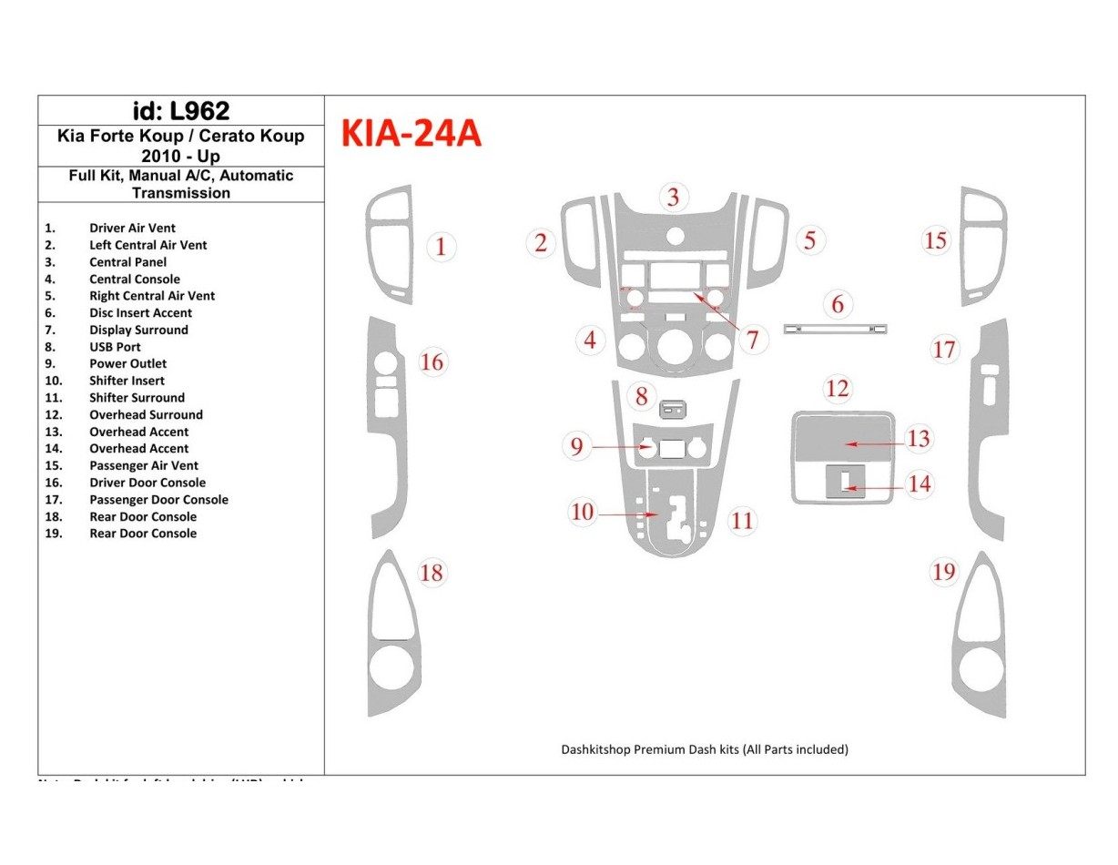 KIA Cerato Koup 2010-UP Full Set, Manual Gearbox AC, Automatic Gear Cruscotto BD Rivestimenti interni KIA Cerato Koup 2010-UP Full Set, Manual Gearbox AC, Automatic Gear Cruscotto BD Rivestimenti interni