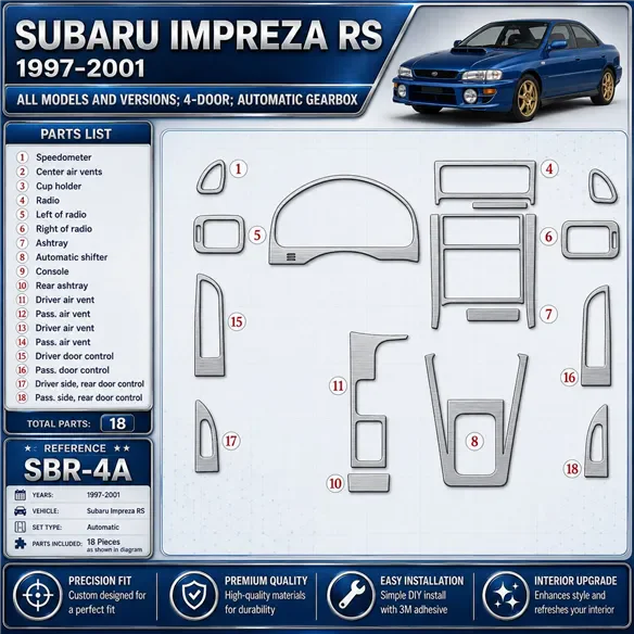 Subaru Impreza RS 1997-in poi 4-Door; cambio automatico kit rivestimento cruscotto e interni 3D 18 pezzi