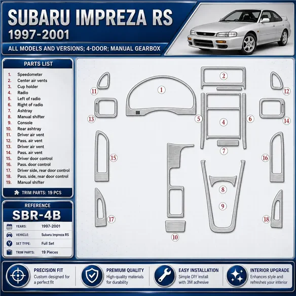 Subaru Impreza RS 1997-in poi 4-Door; cambio manuale kit rivestimento cruscotto e interni 3D 19 pezzi