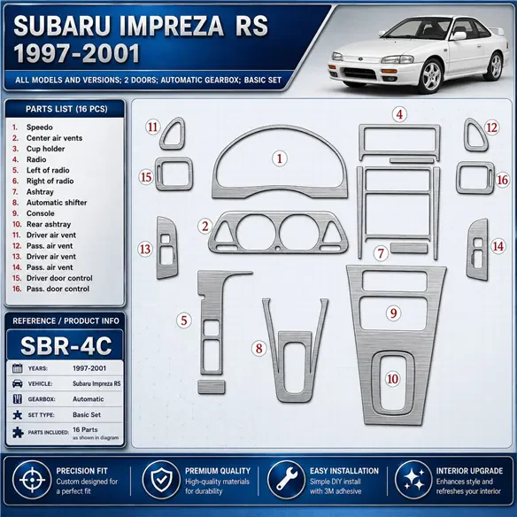 Subaru Impreza RS 1997-in poi 2 porte; cambio automatico; Basic Set kit rivestimento cruscotto e interni 3D 16 pezzi
