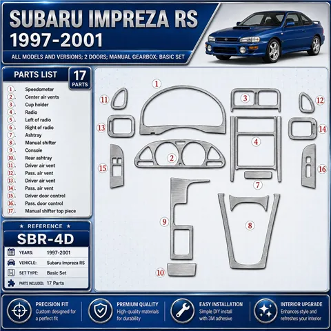 Subaru Impreza RS 1997-in poi 2 porte; cambio manuale; Basic Set kit rivestimento cruscotto e interni 3D 17 pezzi