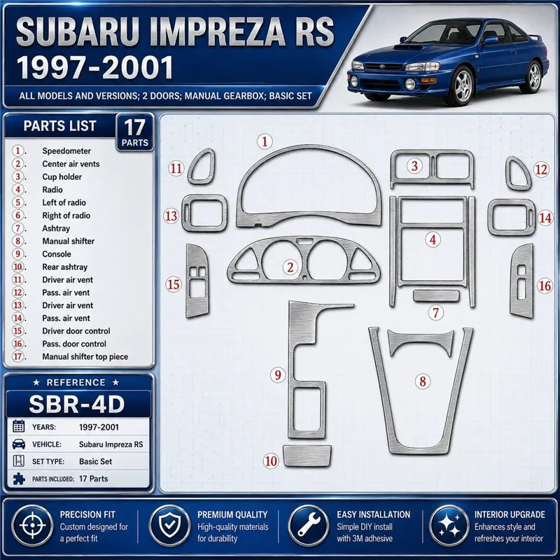 Subaru Impreza RS 1997-in poi 2 porte; cambio manuale; Basic Set kit rivestimento cruscotto e interni 3D 17 pezzi