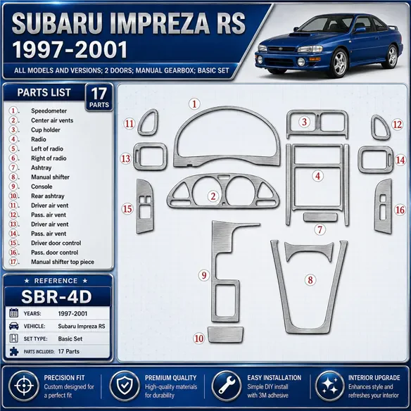 Subaru Impreza RS 1997-in poi 2 porte; cambio manuale; Basic Set kit rivestimento cruscotto e interni 3D 17 pezzi
