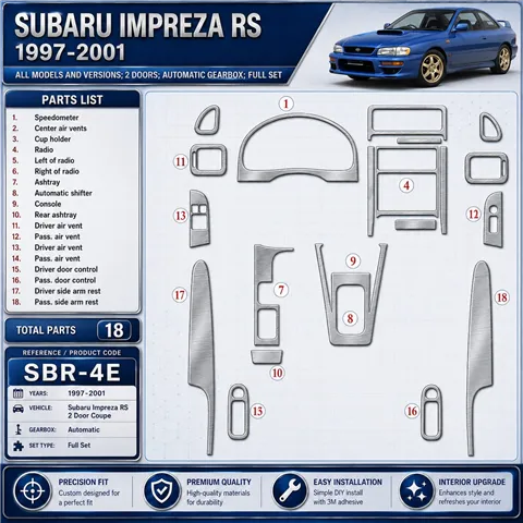 Subaru Impreza RS 1997-in poi 2 porte; cambio automatico; set completo kit rivestimento cruscotto e interni 3D 18 pezzi