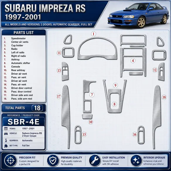 Subaru Impreza RS 1997-in poi 2 porte; cambio automatico; set completo kit rivestimento cruscotto e interni 3D 18 pezzi