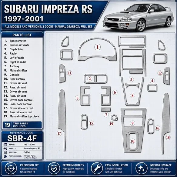 Subaru Impreza RS 1997-in poi 2 porte; cambio manuale; set completo kit rivestimento cruscotto e interni 3D 19 pezzi