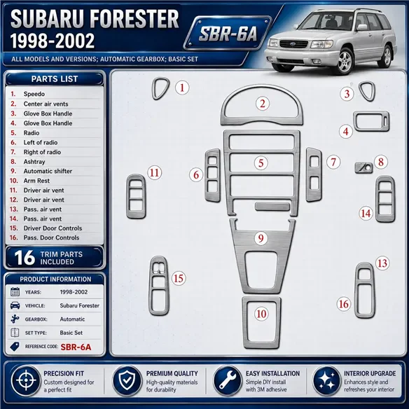 Subaru Forester 1998-2002 cambio automatico; Basic Set kit rivestimento cruscotto e interni 3D 16 pezzi