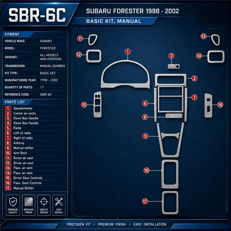 Subaru Forester 1998-2002 cambio manuale; Basic Set kit rivestimento cruscotto e interni 3D 17 pezzi