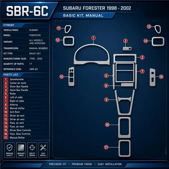 Subaru Forester 1998-2002 cambio manuale; Basic Set kit rivestimento cruscotto e interni 3D 17 pezzi