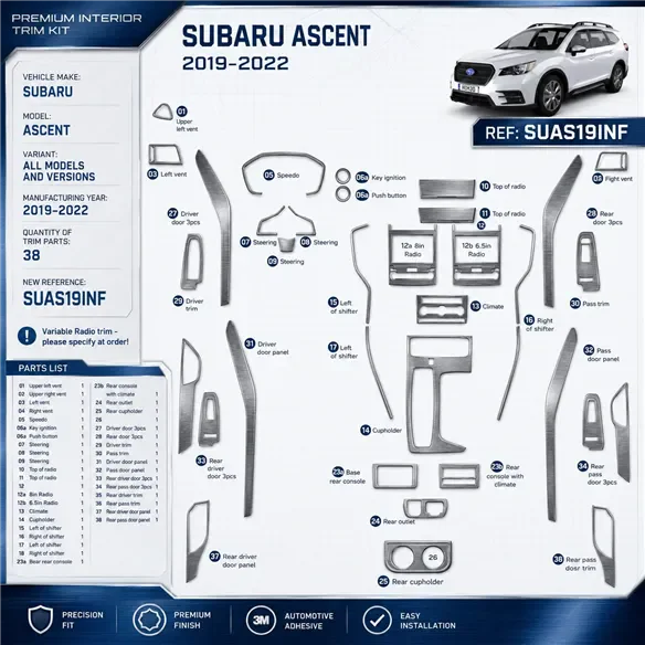 Subaru Ascent 2019-2022 set completo kit rivestimento cruscotto e interni 3D 38 pezzi