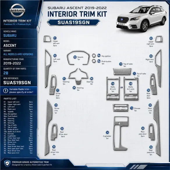 Subaru Ascent 2019-2022 set completo kit rivestimento cruscotto e interni 3D 28 pezzi