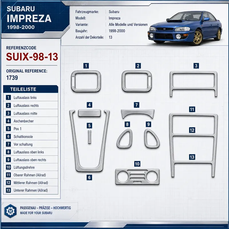 Subaru Impreza 1998-2000 kit rivestimento cruscotto e interni 3D 13 pezzi
