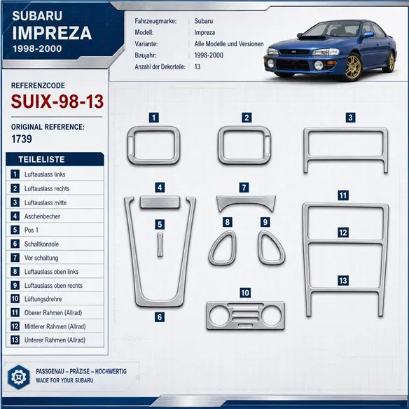 Subaru Impreza 1998-2000 kit rivestimento cruscotto e interni 3D 13 pezzi