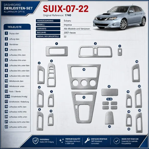 Subaru Impreza 2007-in poi kit rivestimento cruscotto e interni 3D 22 pezzi