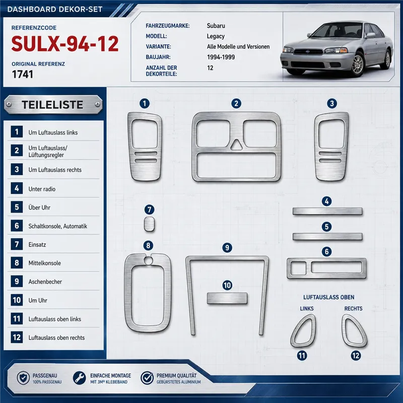 Subaru Legacy 1994-1999 kit rivestimento cruscotto e interni 3D 12 pezzi