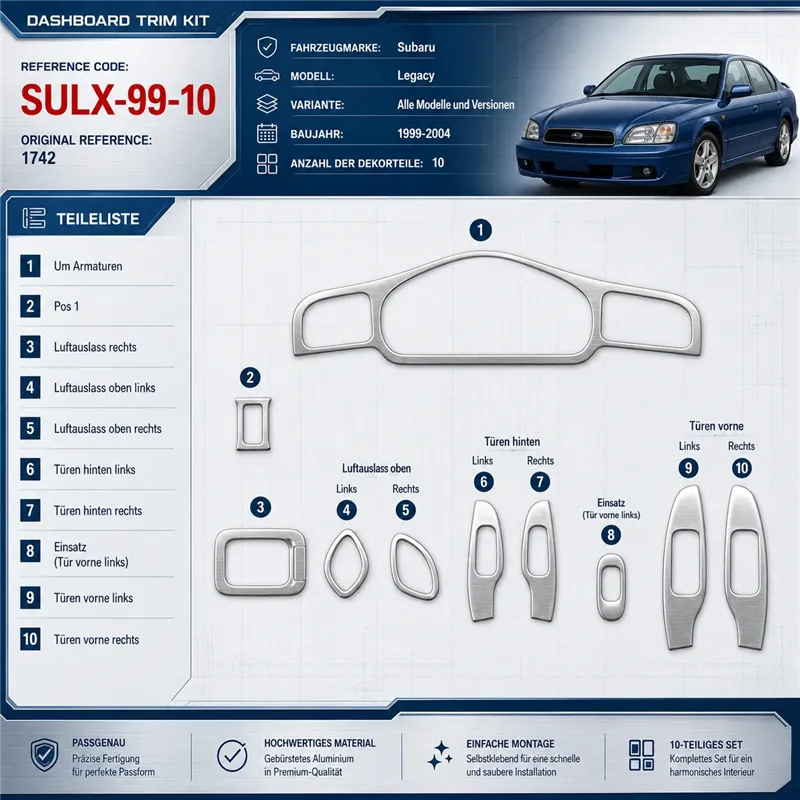 Subaru Legacy 1999-2004 kit rivestimento cruscotto e interni 3D 10 pezzi