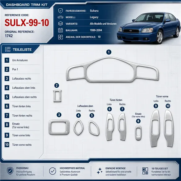Subaru Legacy 1999-2004 kit rivestimento cruscotto e interni 3D 10 pezzi
