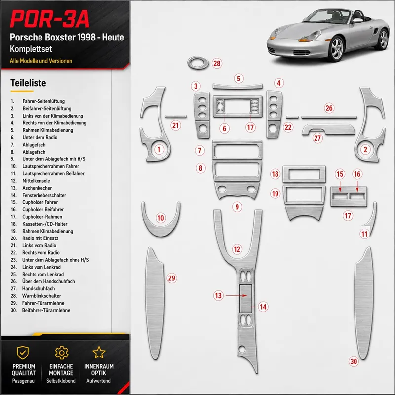Porsche Boxster 1998-in poi set completo kit rivestimento cruscotto e interni 3D