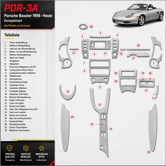 Porsche Boxster 1998-in poi set completo kit rivestimento cruscotto e interni 3D