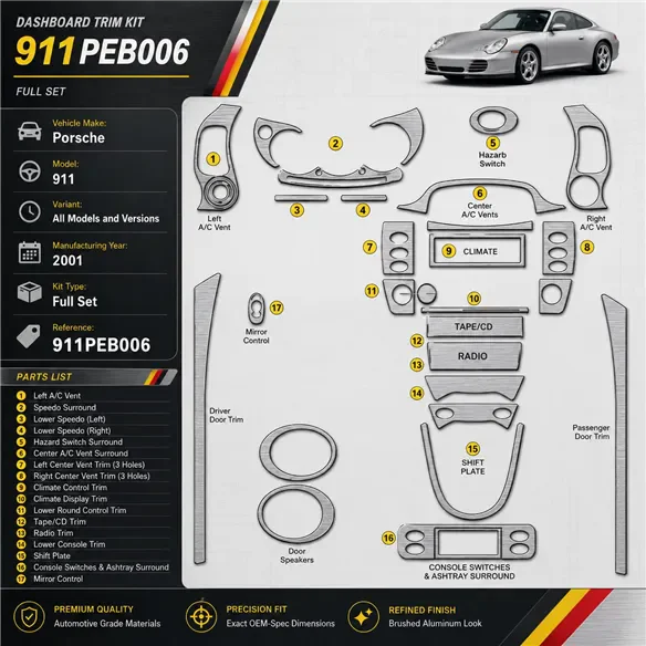 Porsche 911 2001 set completo kit rivestimento cruscotto e interni 3D