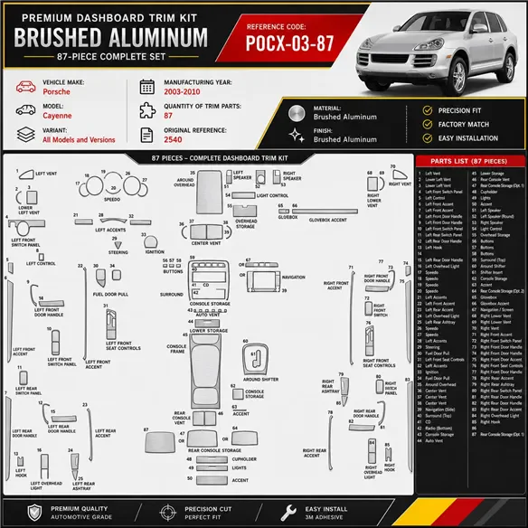 Porsche Cayenne 2003-2010 kit rivestimento cruscotto e interni 3D 87 pezzi