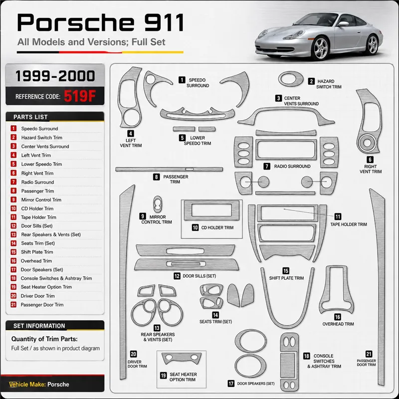 Porsche 911 1999-2000 set completo kit rivestimento cruscotto e interni 3D