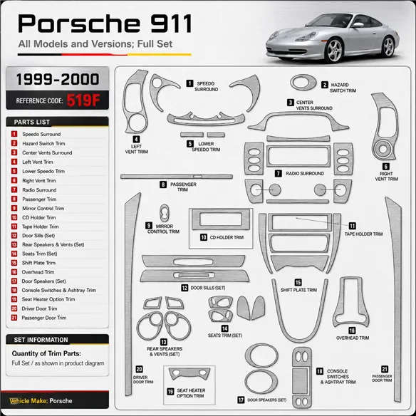 Porsche 911 1999-2000 set completo kit rivestimento cruscotto e interni 3D
