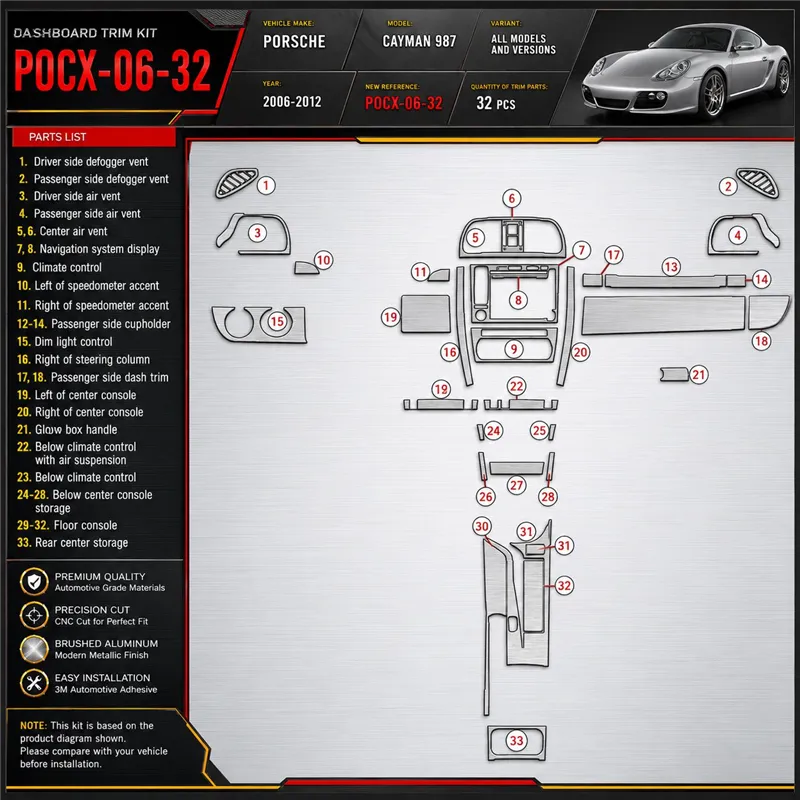 Porsche CAYMAN 987 2006-2012 kit rivestimento cruscotto e interni 3D 32 pezzi