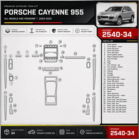 Porsche Cayenne 955 2003-2010 kit rivestimento cruscotto e interni 3D 34 pezzi