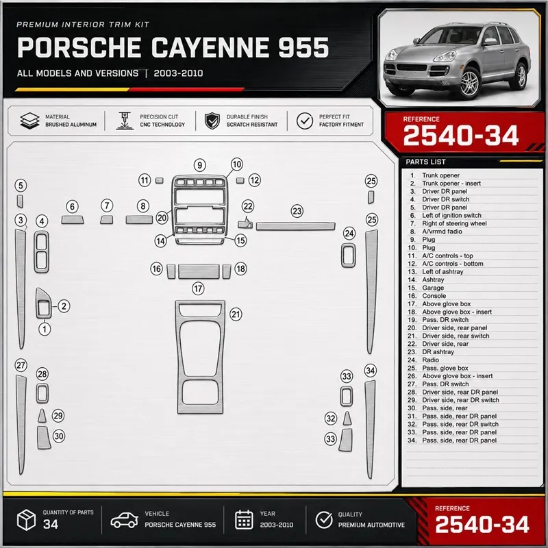 Porsche Cayenne 955 2003-2010 kit rivestimento cruscotto e interni 3D 34 pezzi