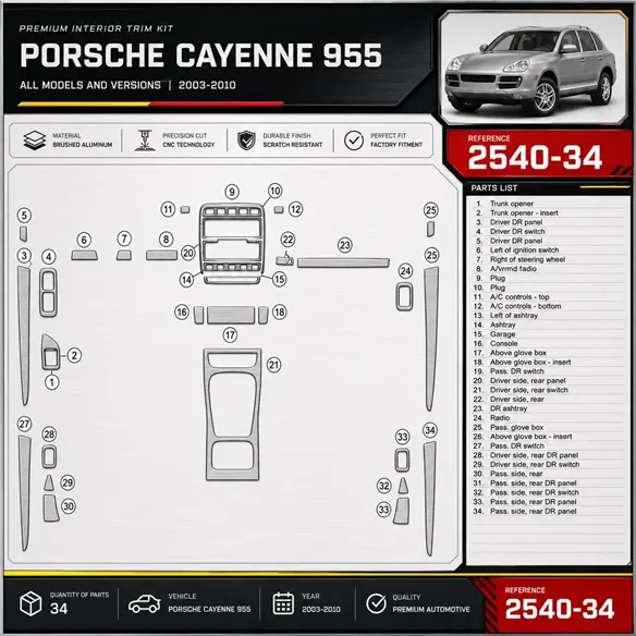 Porsche Cayenne 955 2003-2010 kit rivestimento cruscotto e interni 3D 34 pezzi
