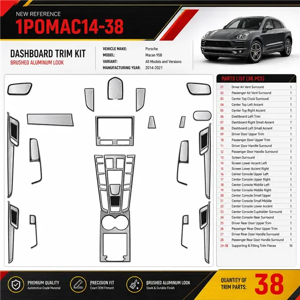 Porsche Macan 2014-2021 kit rivestimento cruscotto e interni 3D 38 pezzi