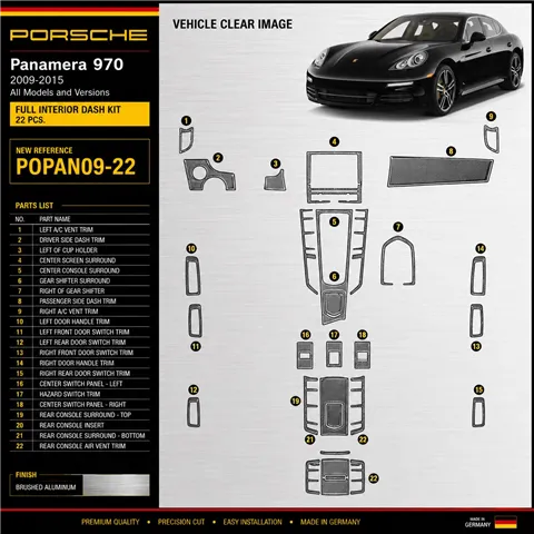 Porsche Panamera 2009-2015 kit rivestimento cruscotto e interni 3D 22 pezzi