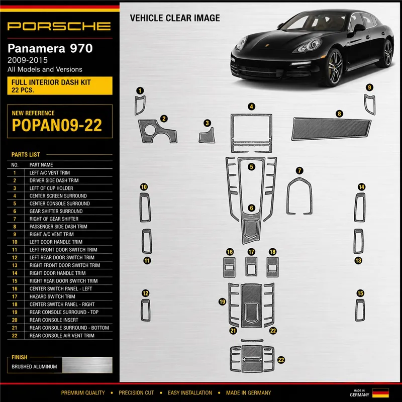 Porsche Panamera 2009-2015 kit rivestimento cruscotto e interni 3D 22 pezzi