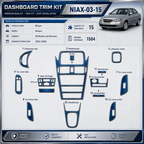 Nissan Almera 2003-2008 kit rivestimento cruscotto e interni 3D 15 pezzi