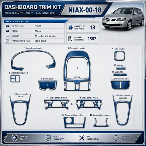 Nissan Almera 2000-2003 kit rivestimento cruscotto e interni 3D 18 pezzi