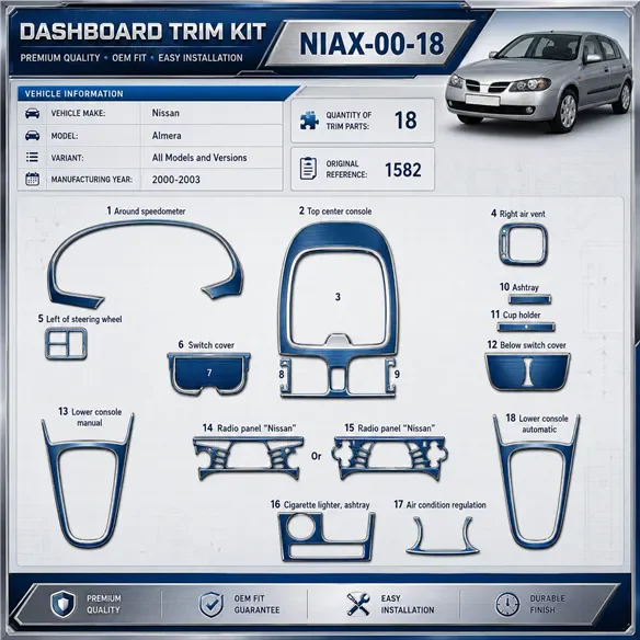 Nissan Almera 2000-2003 kit rivestimento cruscotto e interni 3D 18 pezzi