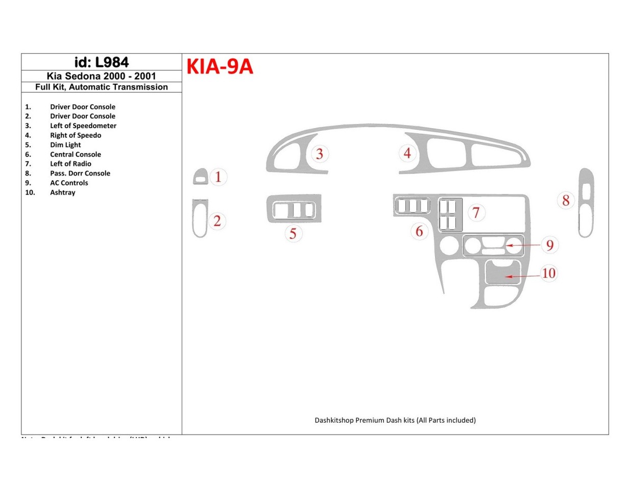 Kia Sedona 2000-2001 Full Set, Automatic Gear Cruscotto BD Rivestimenti interni
