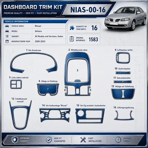 Nissan Almera 2000-2003 Sedan kit rivestimento cruscotto e interni 3D 16 pezzi