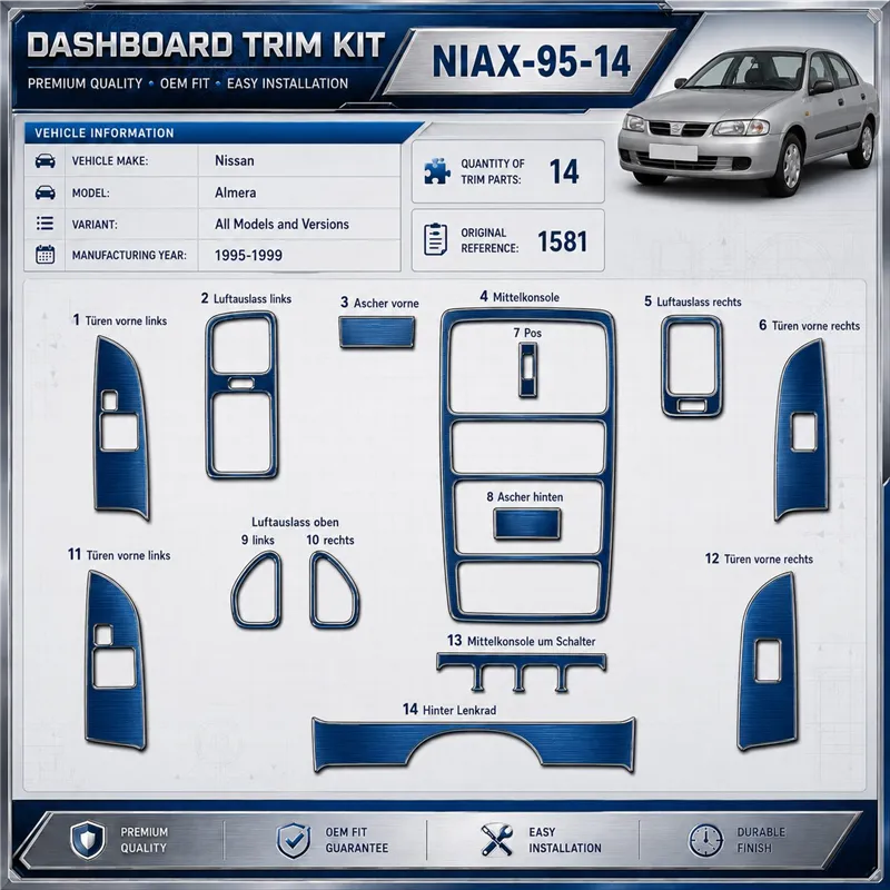 Nissan Almera 1995-1999 kit rivestimento cruscotto e interni 3D 14 pezzi