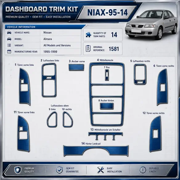 Nissan Almera 1995-1999 kit rivestimento cruscotto e interni 3D 14 pezzi