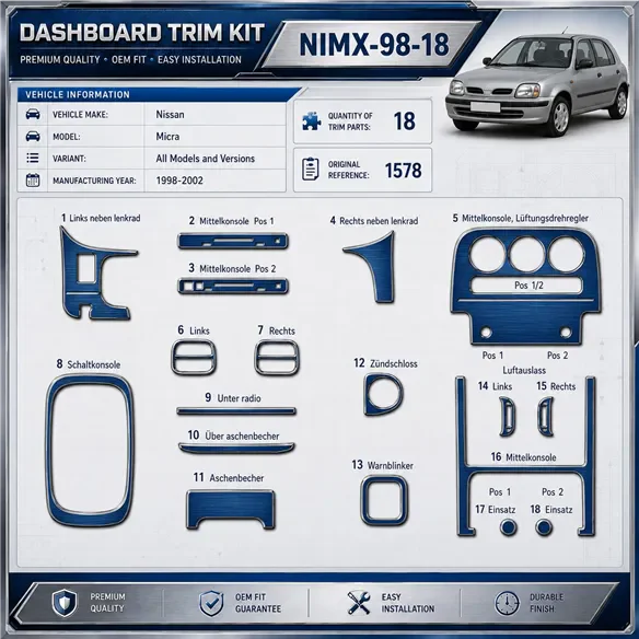 Nissan Micra 1998-2002 kit rivestimento cruscotto e interni 3D 18 pezzi
