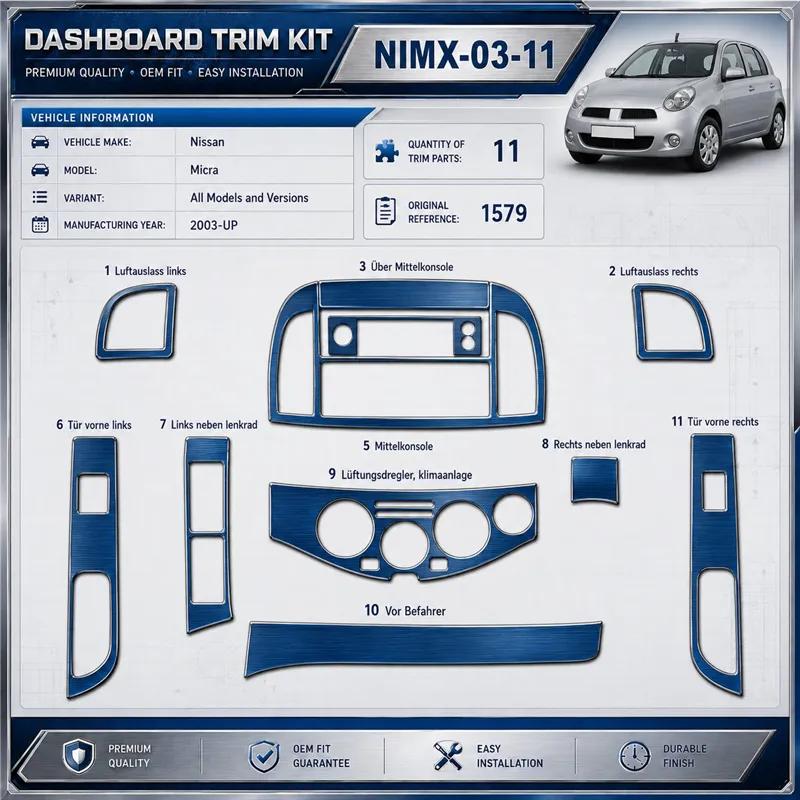 Nissan Micra 2003-in poi 2009-in poi kit rivestimento cruscotto e interni 3D 11 pezzi