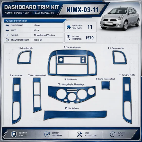 Nissan Micra 2003-in poi 2009-in poi kit rivestimento cruscotto e interni 3D 11 pezzi