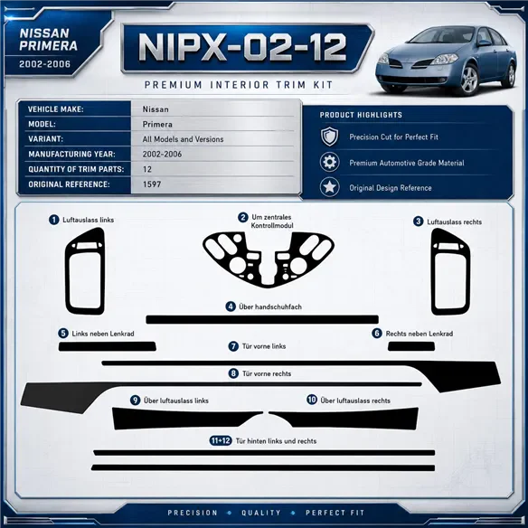 Nissan Primera 2002-2006 kit rivestimento cruscotto e interni 3D 12 pezzi